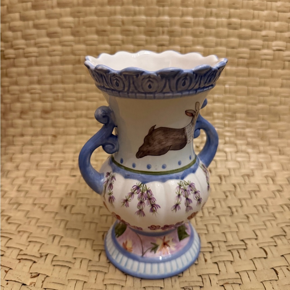 Bunny Blue and White Ceramic Art Piece Urn / Vase Dana Design Meadow - Picture 2 of 8